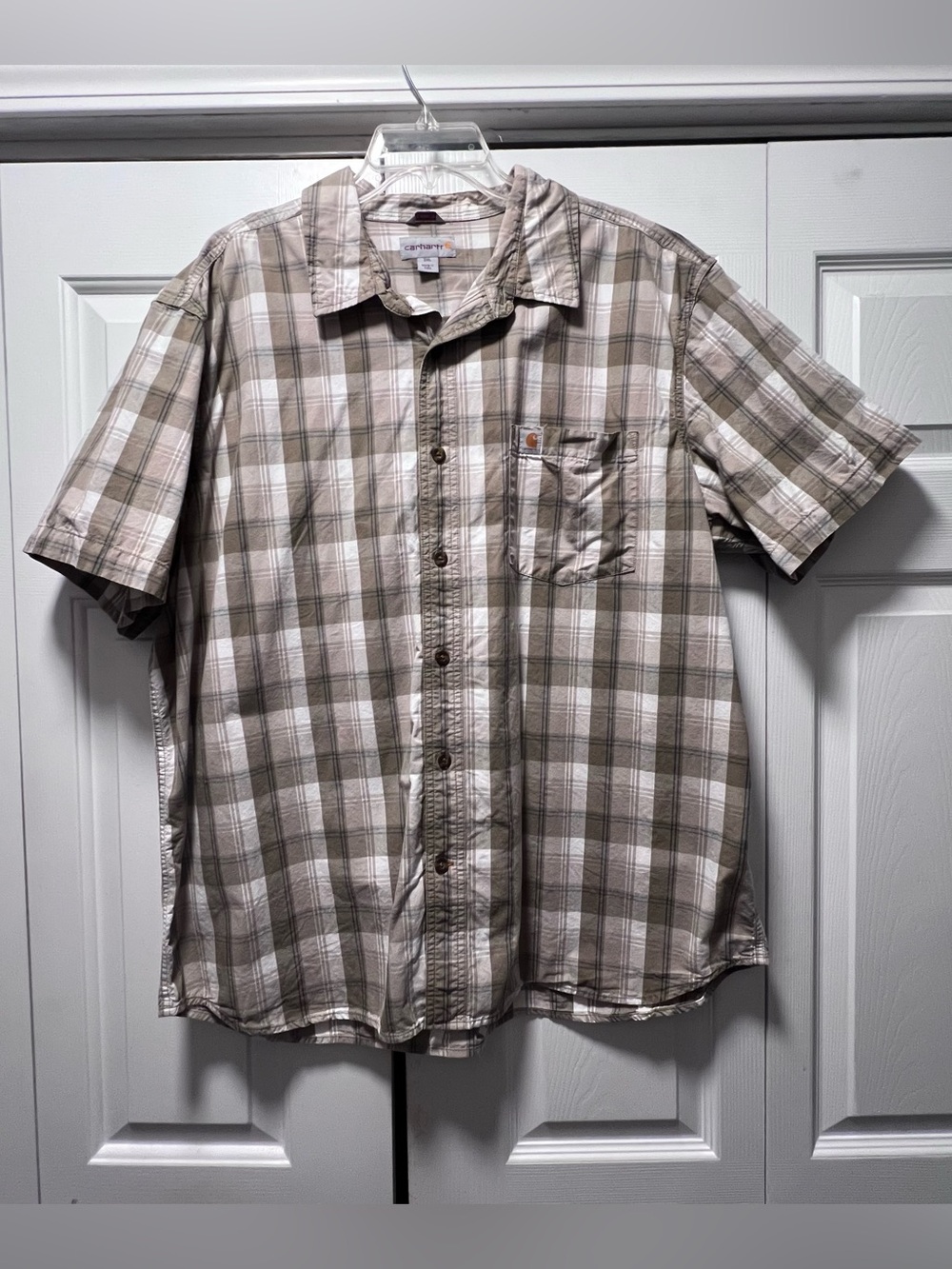 Carhartt Relaxed Fit Short Sleeve Button Down Shirt Men's 2XL Tan Plaid